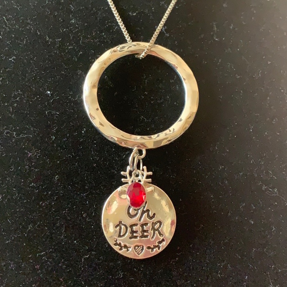Christmas holiday Oh Deer reindeer theme silver necklace